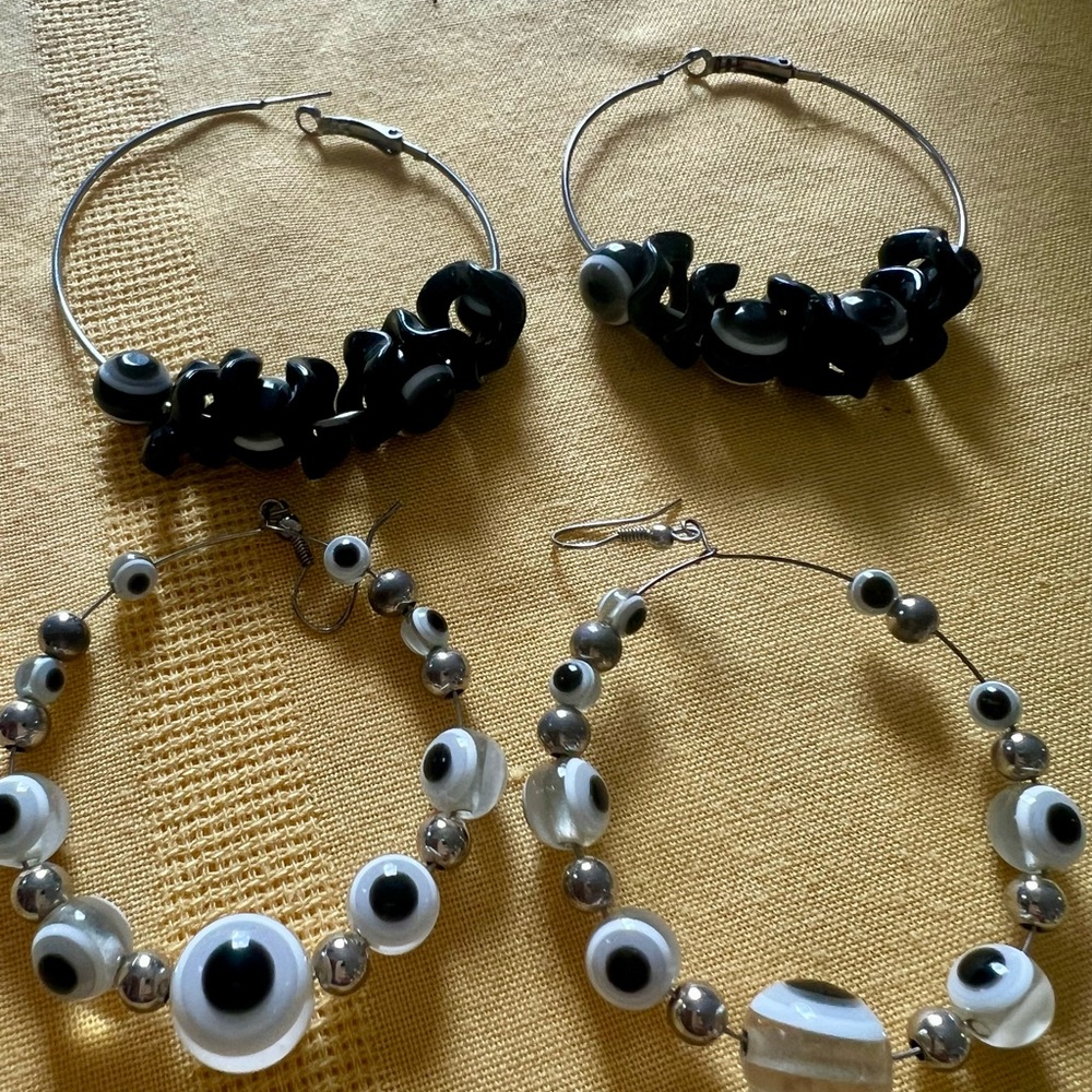 Black and White Beaded Hoop Earrings - Women Jewelry